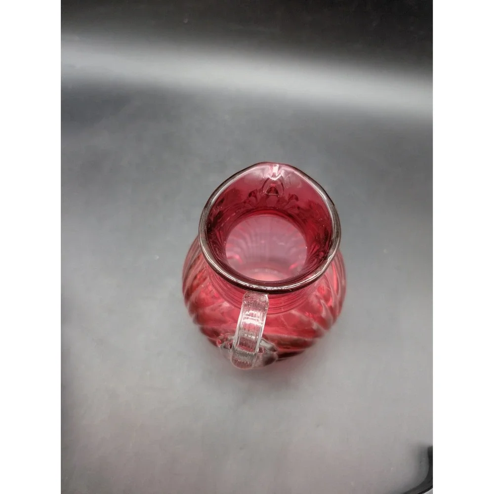 Vintage Fenton Cranberry Glass Swirl Optic Mini Pitcher Applied Handle Ruby Red